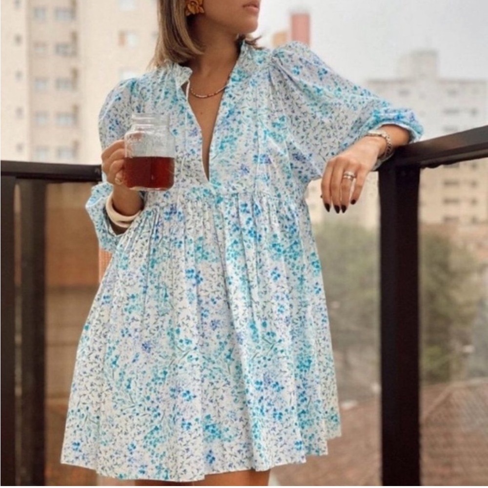 Zara Blue Floral Printed Poplin Babydoll Mini Dress